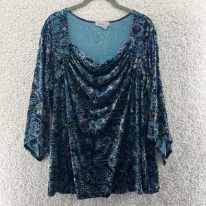 Dressbarn Velvet Top Plus Size 1X Teal Blue‎ Dark Romantic Floral Witchy Fairy